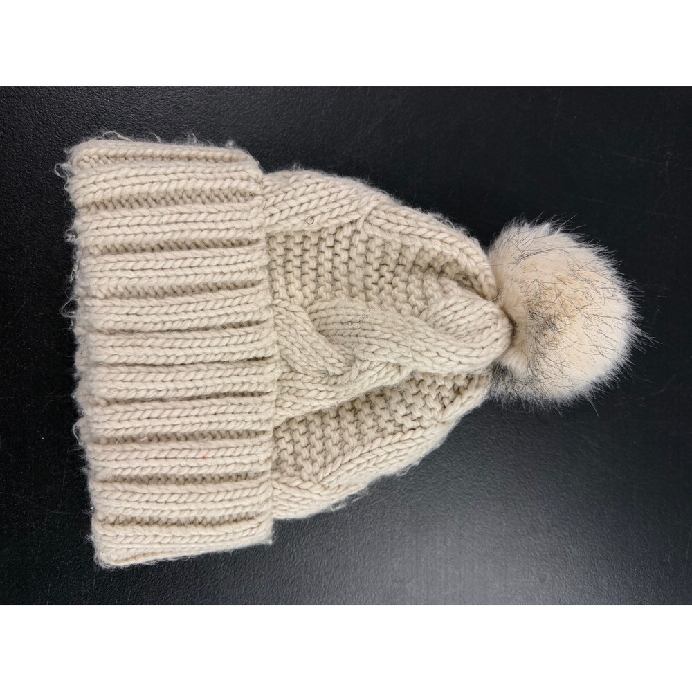HM Cable Knit Beanie Hat Cream Beige Faux Fur Pom Pom Ribbed Cuff One Size